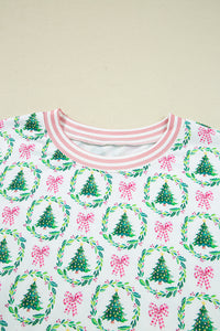 KaleaBoutique Comfortable Bow Christmas Tree Print Contrast Striped Banding 2pcs Lounge Set - KaleaBoutique.com