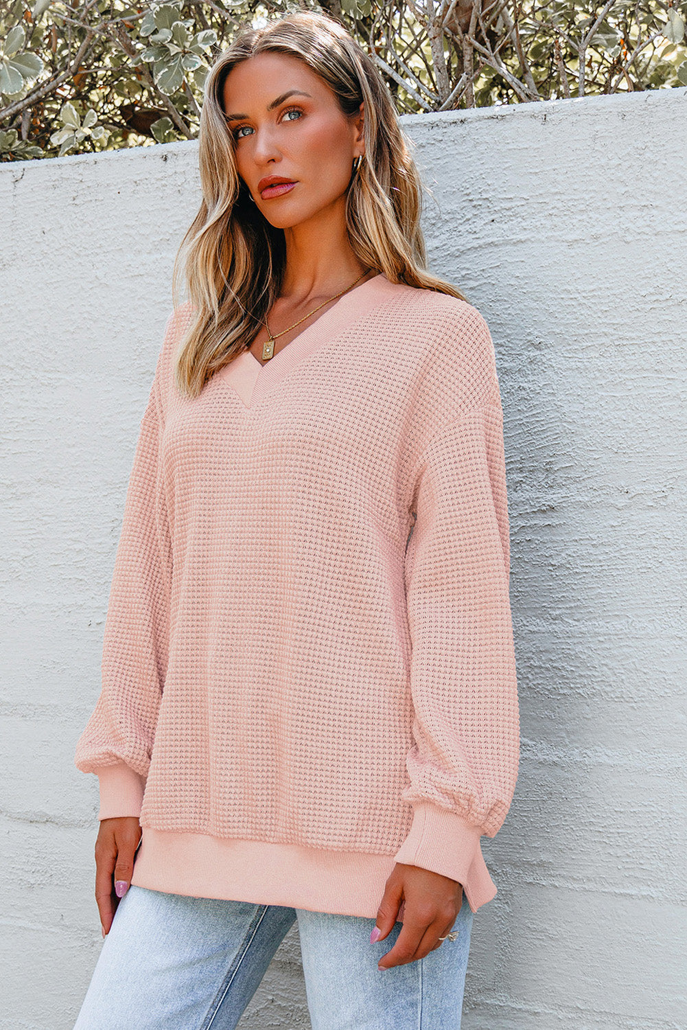 Thermal V Neck Relaxed Long Sleeve Knit Top - KaleaBoutique.com