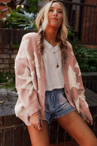 KaleaBoutique Stylish Warm Sherpa Star Pattern Textured Sweater Cardigan with Pockets - KaleaBoutique.com