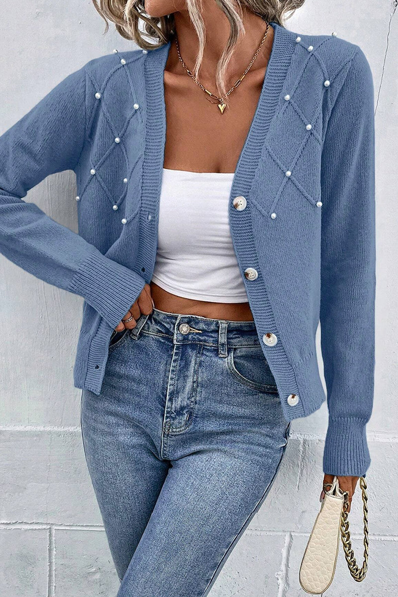 KaleaBoutique Textured Knit Pearl Beaded Button Up Cardigan - KaleaBoutique.com