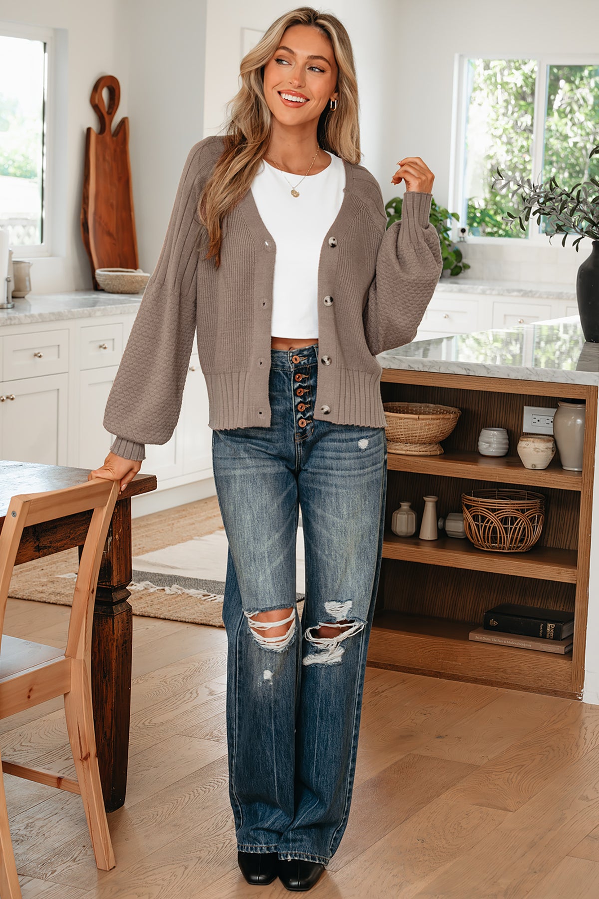 KaleaBoutique Comfortable Mixed Texture Knit Button V Neck Sweater Cardigan - KaleaBoutique.com