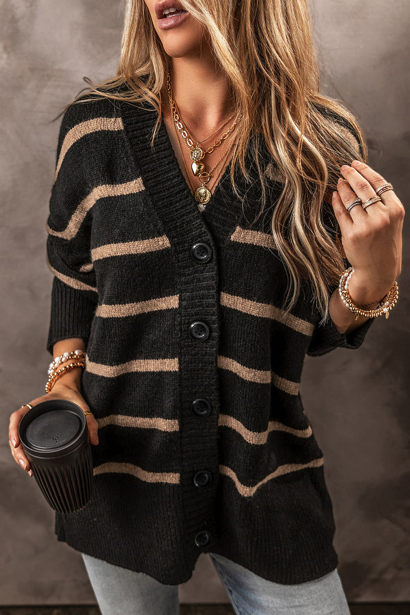 Buttoned V Neck Drop Shoulder Loose Cardigan - KaleaBoutique.com