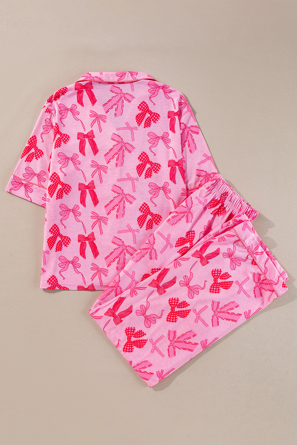KaleaBoutique Comfortable Bow Knot Print Lapel Collar Short Sleeve and Pants Pajamas Set - KaleaBoutique.com