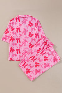 KaleaBoutique Comfortable Bow Knot Print Lapel Collar Short Sleeve and Pants Pajamas Set - KaleaBoutique.com
