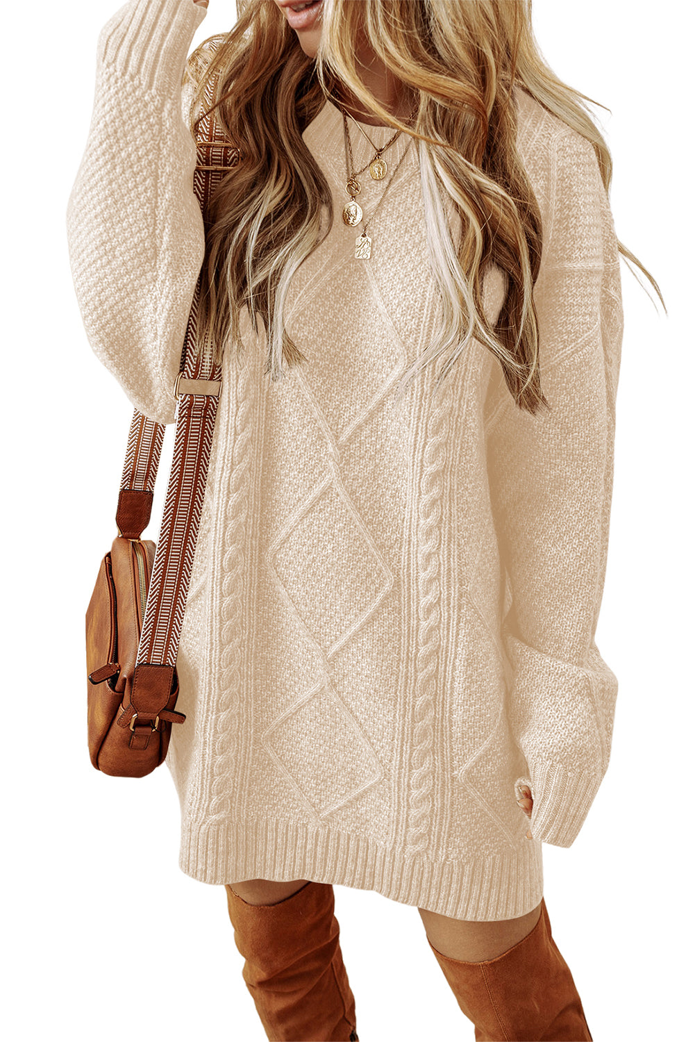 KaleaBoutique Comfortable Cable Knit Drop Shoulder Loose Fit Sweater Dress - KaleaBoutique.com
