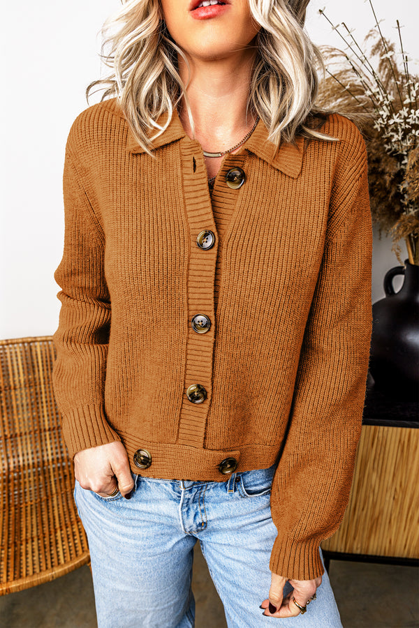 KaleaBoutique Stylish Ribbed Knit Collar Button Front Long Sleeve Cardigan - KaleaBoutique.com