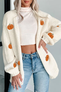 KaleaBoutique Comfortable Pumpkin Print Open Front Drop Shoulder Midi Cardigan - KaleaBoutique.com