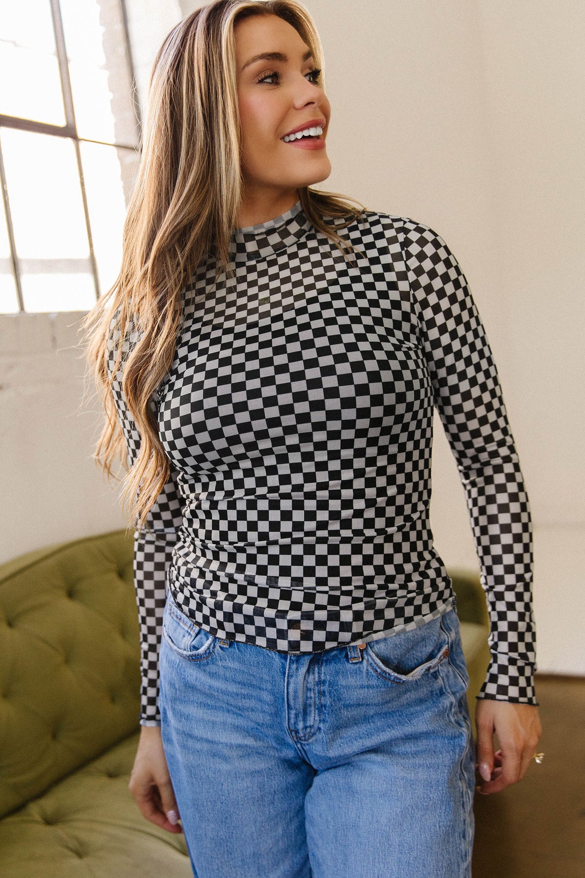 KaleaBoutique Stylish Plaid Stand Neck Long Sleeve Mesh Top - KaleaBoutique.com