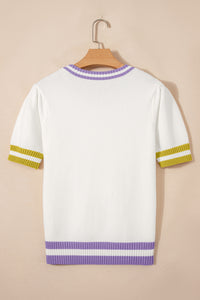 KaleaBoutique Comfortable Mardi Gras Tinsel Letter Graphic Short Sleeve Sweater - KaleaBoutique.com