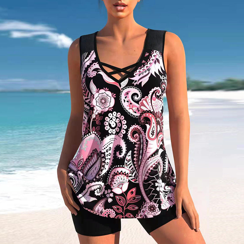 Women's Printed Crisscross Swim Top and Shorts 2 PC Tankini Set - KaleaBoutique.com