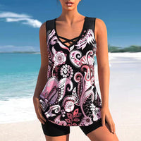 Women's Printed Crisscross Swim Top and Shorts 2 PC Tankini Set - KaleaBoutique.com