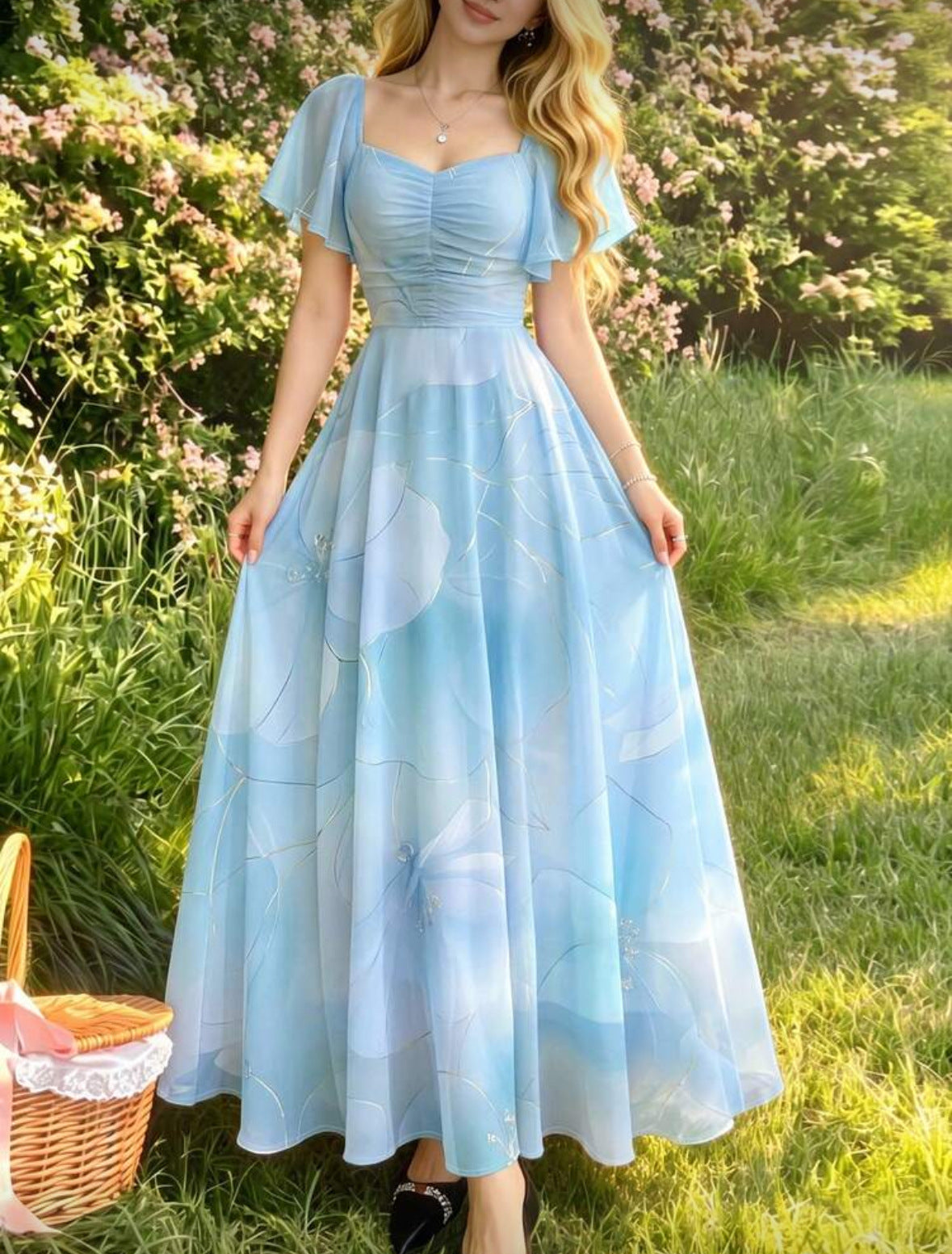 Women's Printed Flutter-Sleeve Ruched-Bodice Maxi Dress - KaleaBoutique.com