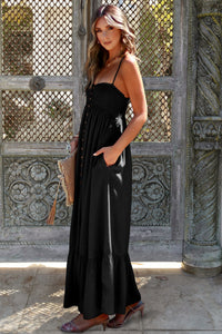 KaleaBoutique Spaghetti Straps Smocked Front Slit Buttoned Dress - KaleaBoutique.com