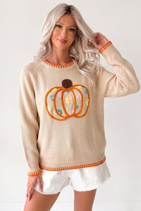 Floral Embroidery Pumpkin Long Sleeve Round Neck Sweater - KaleaBoutique.com