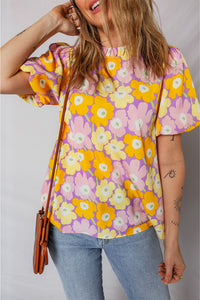 KaleaBoutique Stylish Frilled Neck Puff Short Sleeve Flower Top - KaleaBoutique.com