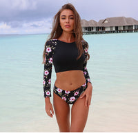 Women's Black Floral Long-Sleeve Crop Tank Top 2 PC Bikini Set - KaleaBoutique.com