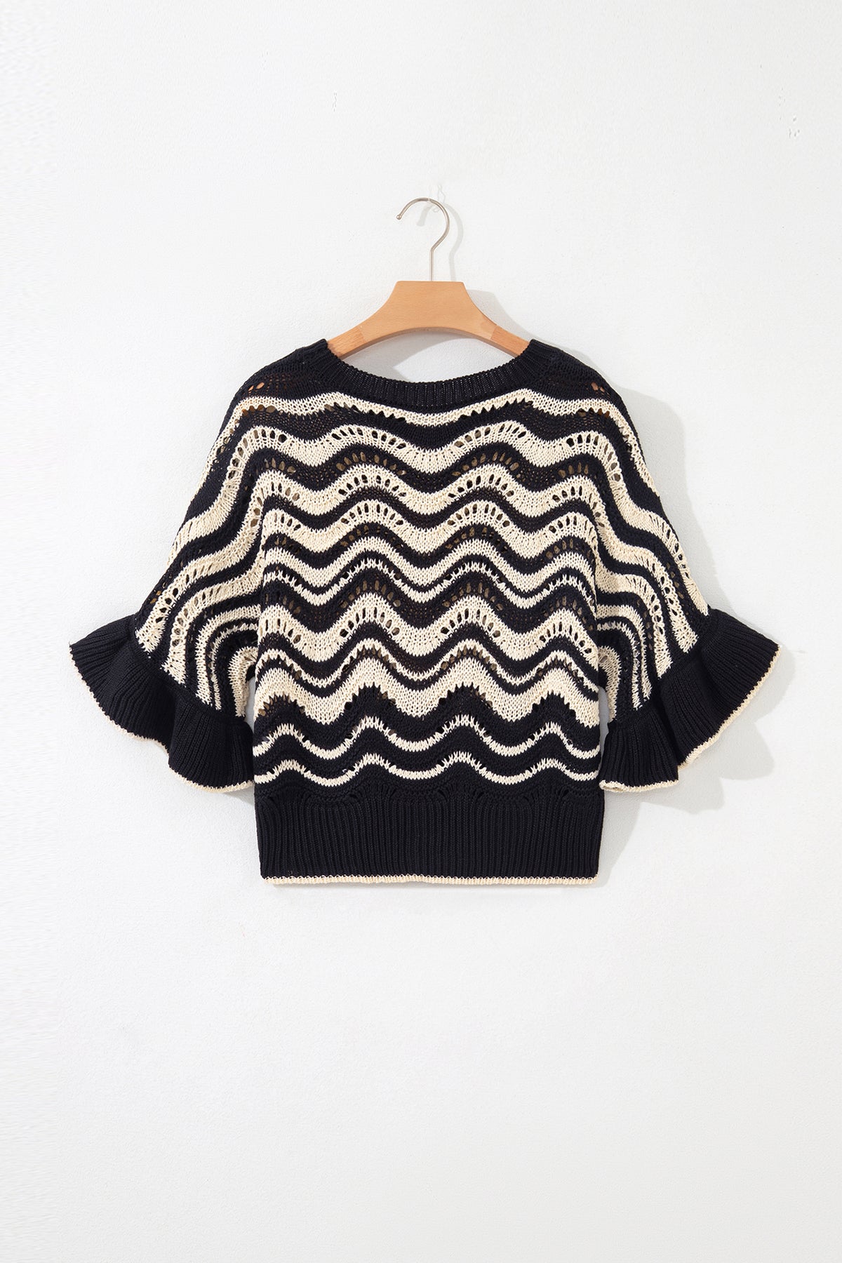 KaleaBoutique Stylish Wavy Crochet Eyelet Detail Ruffle Half Sleeve Sweater - KaleaBoutique.com