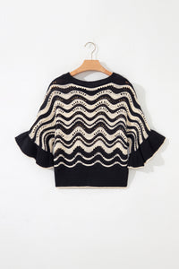 KaleaBoutique Stylish Wavy Crochet Eyelet Detail Ruffle Half Sleeve Sweater - KaleaBoutique.com