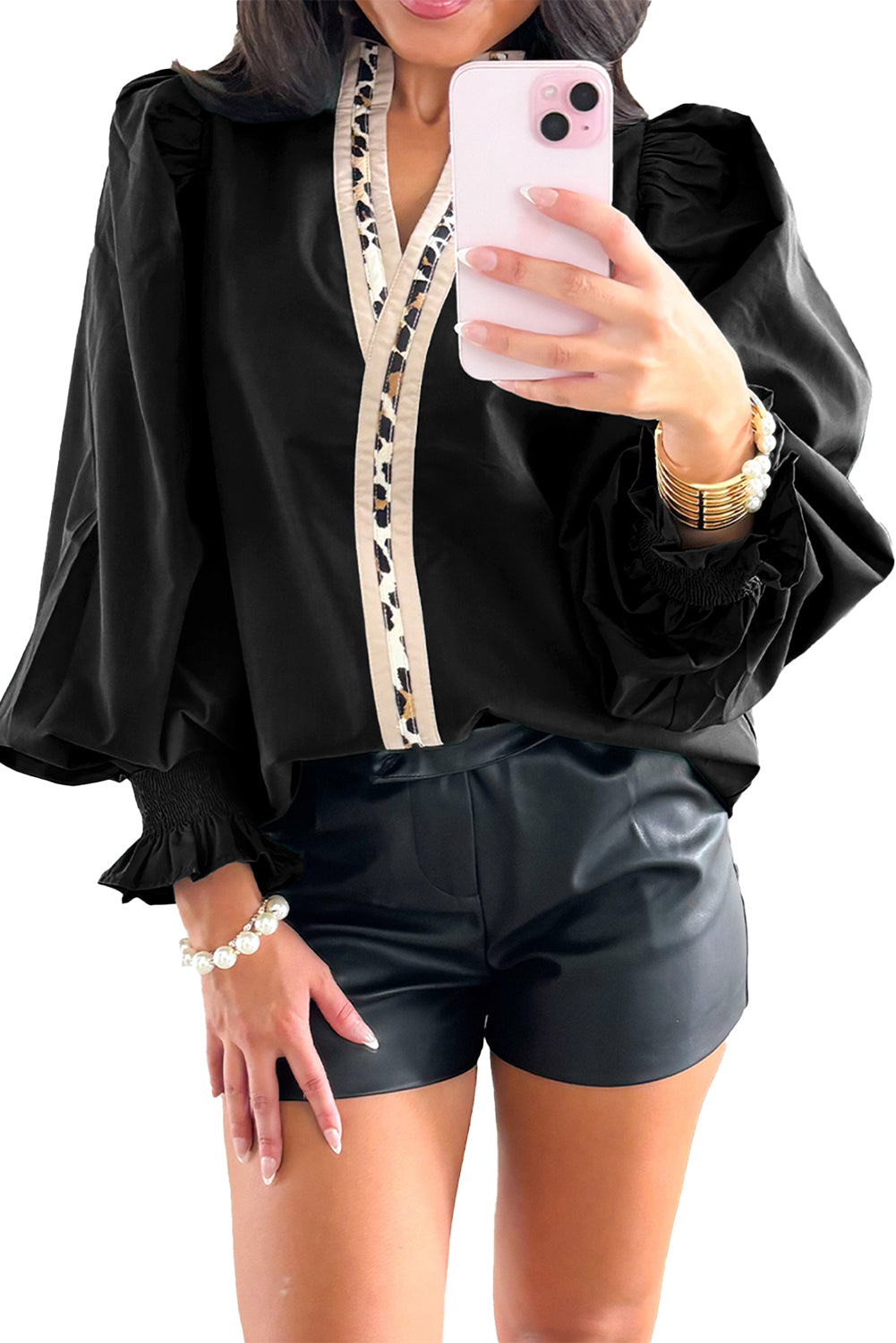 KaleaBoutique Stylish Puffy Flounce Sleeve Leopard Trim V Neck Blouse - KaleaBoutique.com