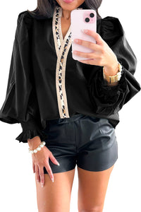KaleaBoutique Stylish Puffy Flounce Sleeve Leopard Trim V Neck Blouse - KaleaBoutique.com