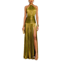 Women's Metallic-Look Pleated Halter-Neck Slit Maxi Dress - KaleaBoutique.com