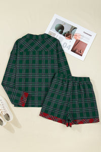 KaleaBoutique Comfortable Plaid Contrast Patched Christmas Holiday Long Sleeve Shirt and Short 2pcs Pajama Set - KaleaBoutique.com