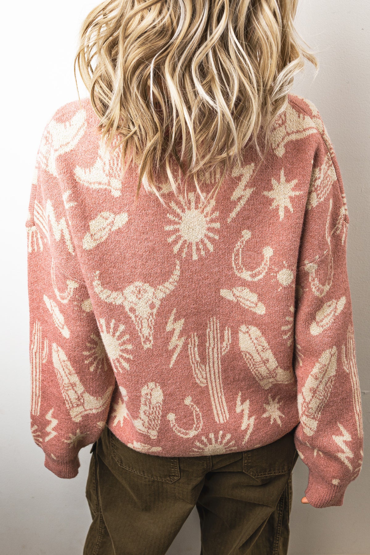 Western Print Drop Shoulder Round Neck Long Sleeve Sweater - KaleaBoutique.com