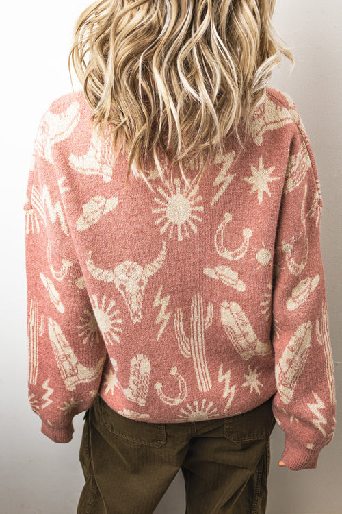 KaleaBoutique Stylish Western Print Drop Shoulder Round Neck Long Sleeve Sweater - KaleaBoutique.com