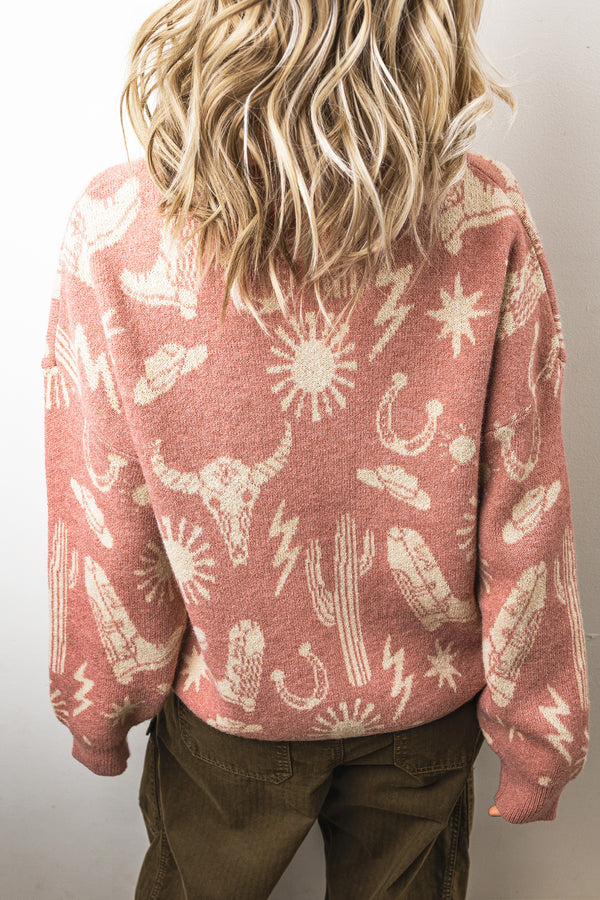 KaleaBoutique Stylish Western Print Drop Shoulder Round Neck Long Sleeve Sweater - KaleaBoutique.com