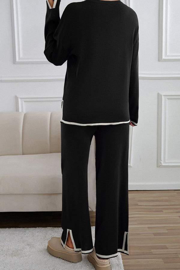 KaleaBoutique Stylish Contrast Trim Split Cuffs Long 2pcs Sweater Outfit Loungewear - KaleaBoutique.com