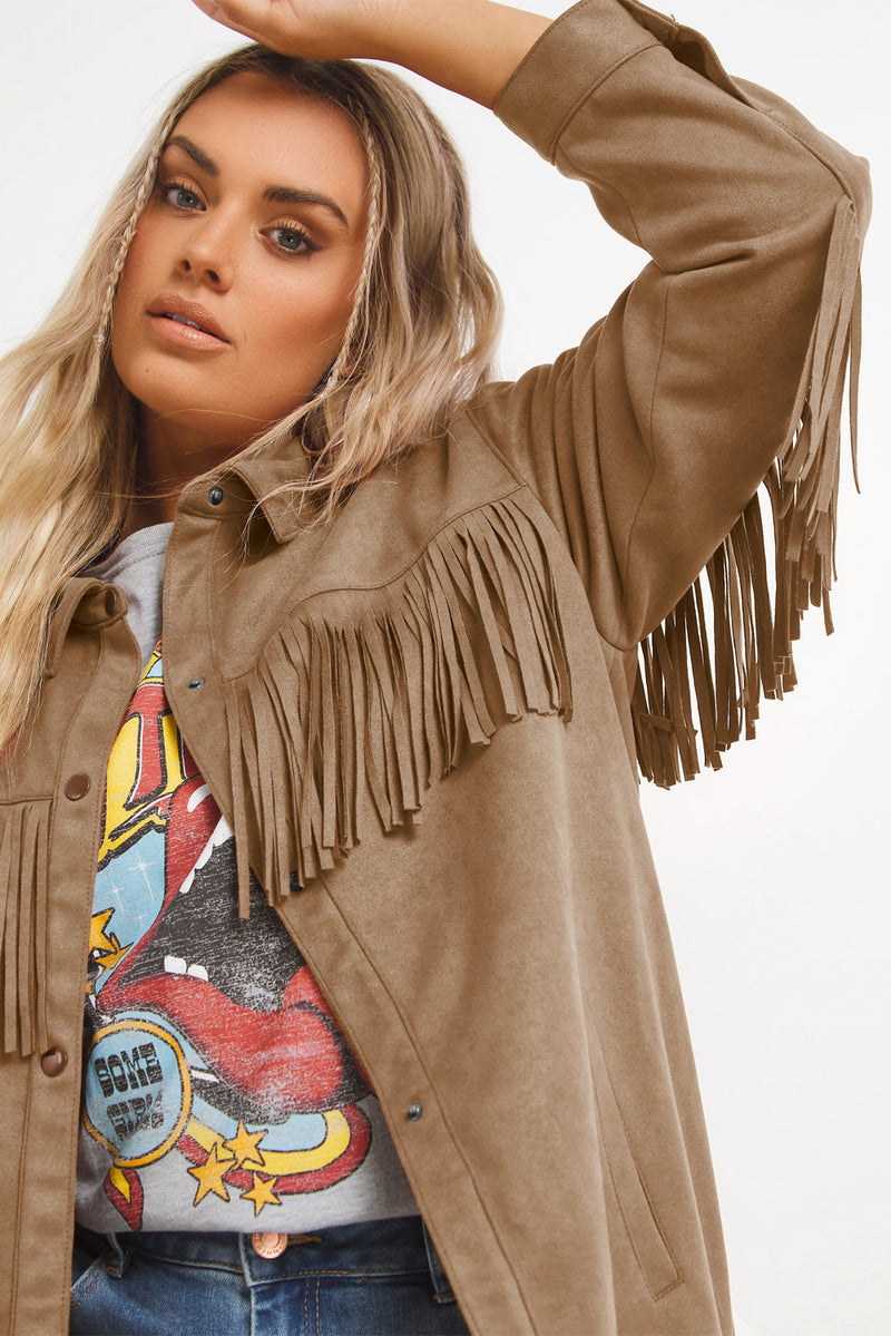 KaleaBoutique Fringe Trim Plus Size Suede Shacket - KaleaBoutique.com