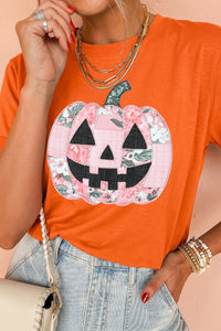 Orange Patchwork Pumpkin Halloween Graphic Tee - KaleaBoutique.com