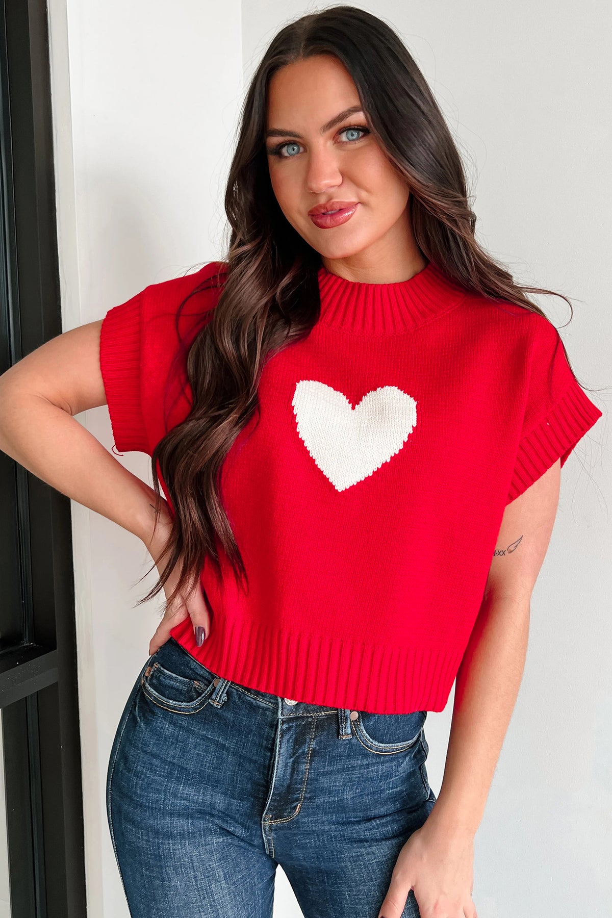 KaleaBoutique Comfortable Valentine Heart Graphic Cropped Short Sleeve Sweater - KaleaBoutique.com