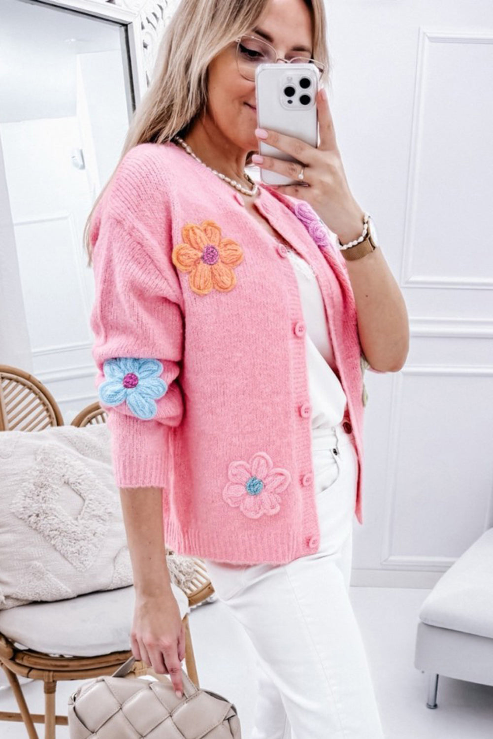 Cute Knitted Floral Pattern Button Up Cardigan - KaleaBoutique.com