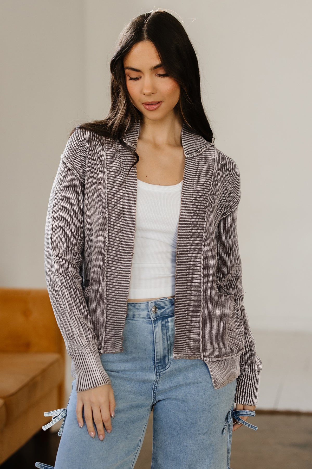 KaleaBoutique Stylish Mineral Wash Exposed Seam Patchwork Knit Open Sweater Cardigan - KaleaBoutique.com