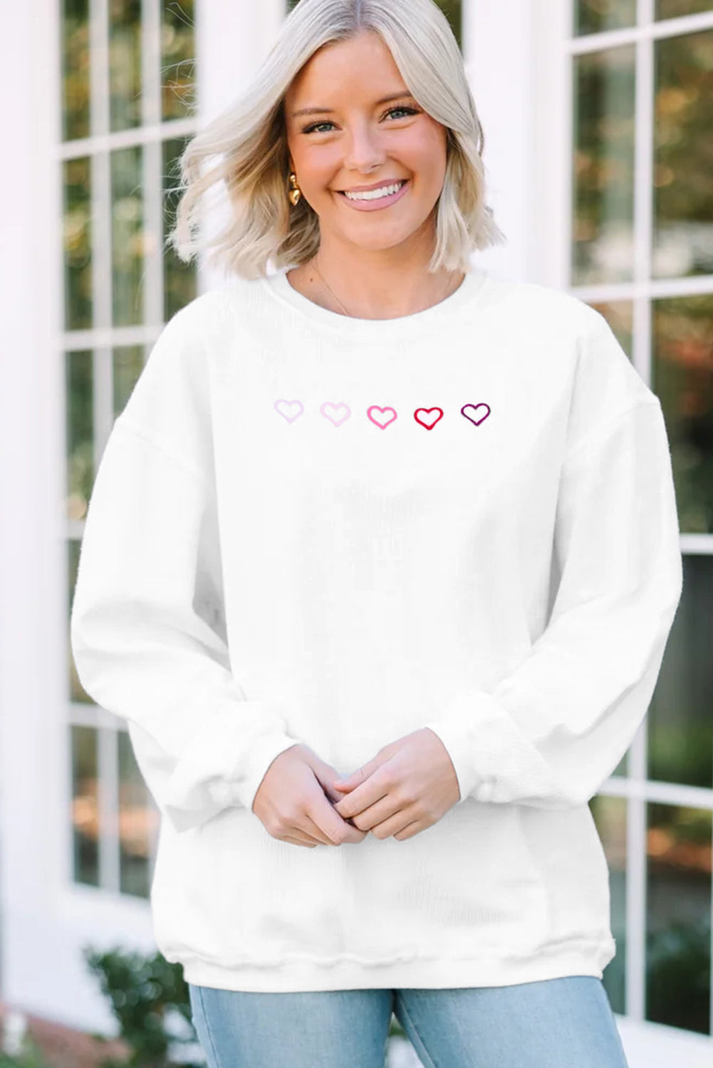 3d Ribbed XOXO Heart Embroidered Drop Shoulder Sweatshirt - KaleaBoutique.com