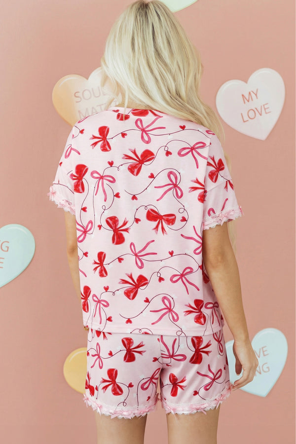 KaleaBoutique Stylish Romantic Bow Print Loose Tee Drawstring Shorts 2pcs Lounge Set - KaleaBoutique.com