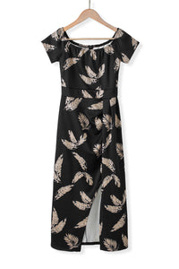 KaleaBoutique Stylish Black Pattern Print Off Shoulder Slit Bodycon Midi Dress - KaleaBoutique.com