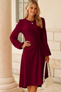 Solid Color Ruched Detail Long Sleeve Midi Dress - KaleaBoutique.com