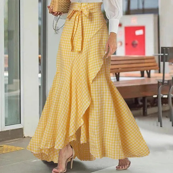 Cross-Border Women's Plaid Mermaid Skirt With Ruffled Irregular Hem, High-Waisted Casual Umbrella Wrap Long Skirt - KaleaBoutique.com