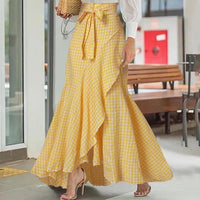 Cross-Border Women's Plaid Mermaid Skirt With Ruffled Irregular Hem, High-Waisted Casual Umbrella Wrap Long Skirt - KaleaBoutique.com