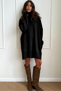 KaleaBoutique Comfortable Solid Color Turtleneck Drop Shoulder Loose Sweater Dress - KaleaBoutique.com