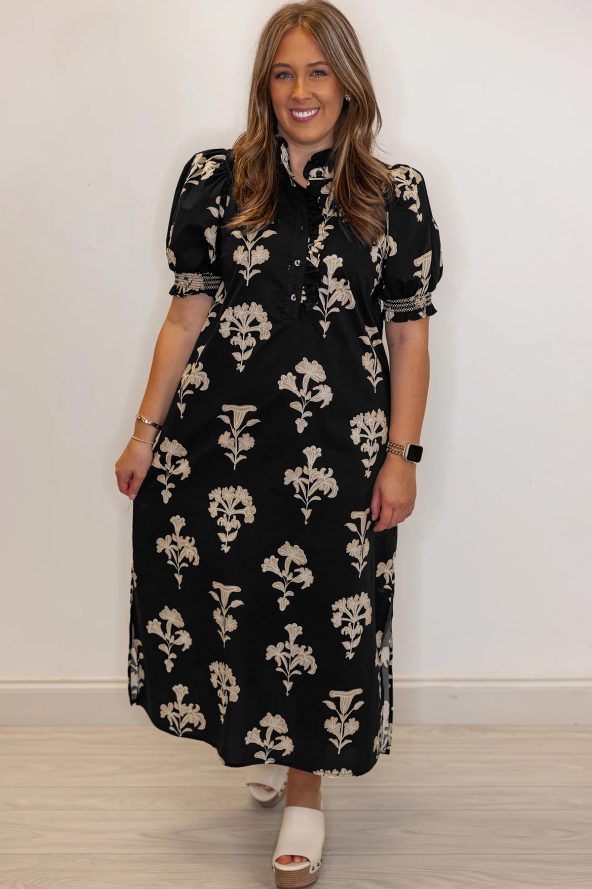 KaleaBoutique Comfortable Floral Print Frilled Collar Short Puff Sleeve Maxi Dress - KaleaBoutique.com