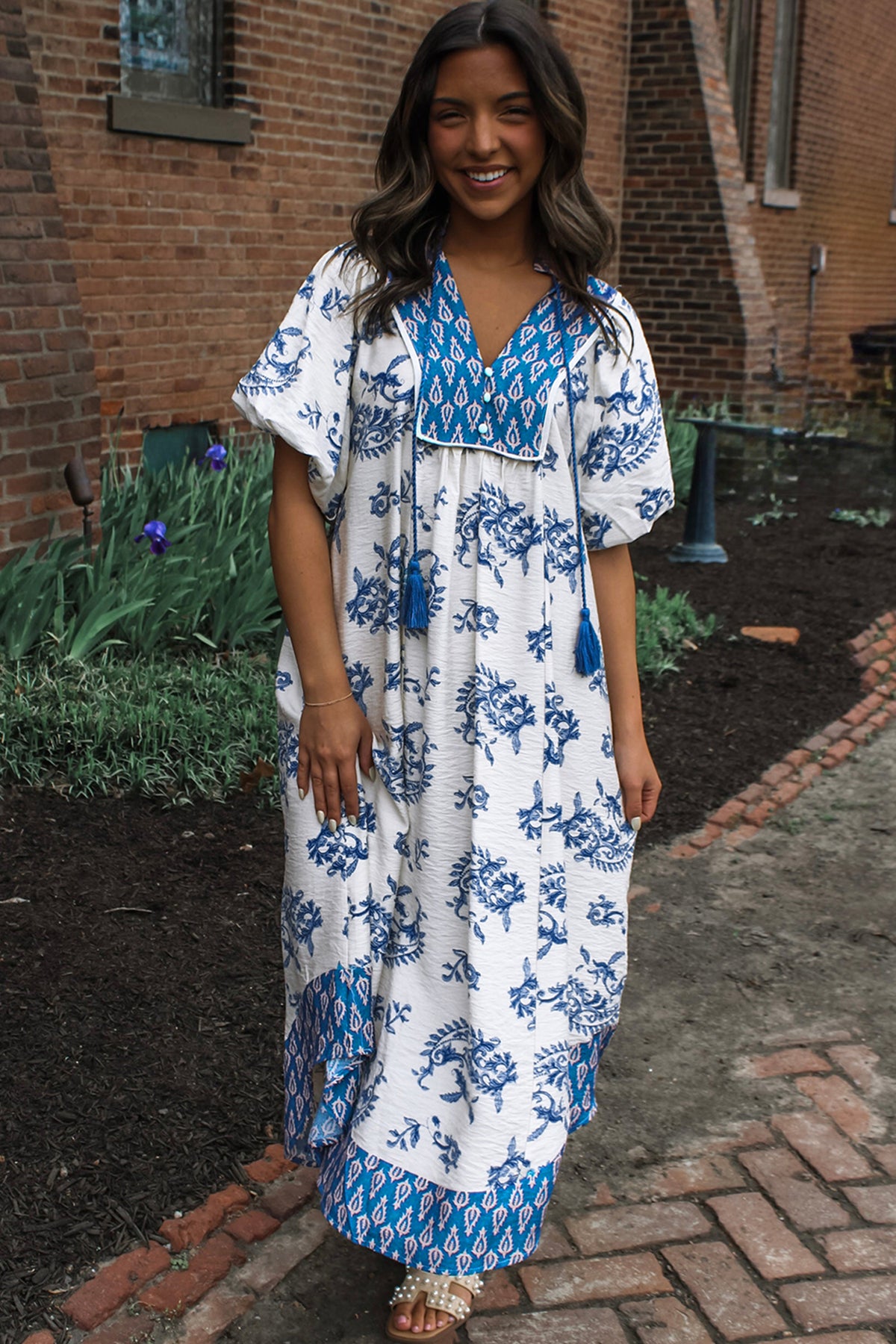 KaleaBoutique Comfortable Boho Abstract Print Contrast Trim V Neck Tassel Tie Dress - KaleaBoutique.com