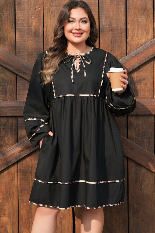 Black Plus Size Leopard Tie-Neck Long Sleeve Mini Dress - KaleaBoutique.com