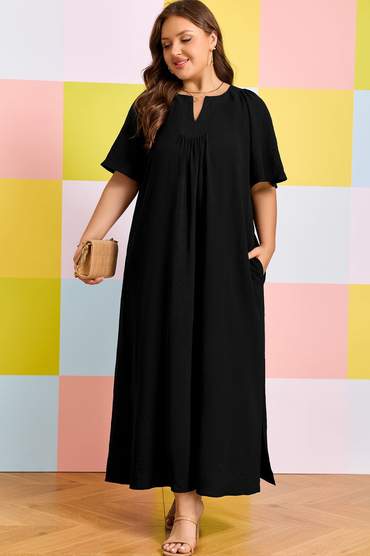 Black Plus Size Notched-Neck Short Sleeve Relaxed Dress - KaleaBoutique.com