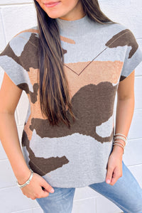KaleaBoutique Stylish Camouflage Pattern Drop Shoulder High Neck Short Sleeve Shift Sweater - KaleaBoutique.com