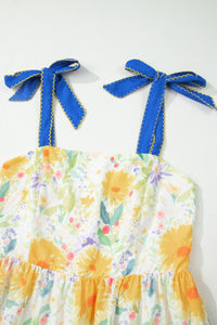 KaleaBoutique Comfortable Floral Print Contrast Stitched Knot Denim Straps High Waist Dress - KaleaBoutique.com
