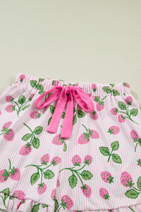 KaleaBoutique Stylish Striped Strawberry Print Lapel Shirt Drawstring Shorts 2pcs Pajama Set - KaleaBoutique.com