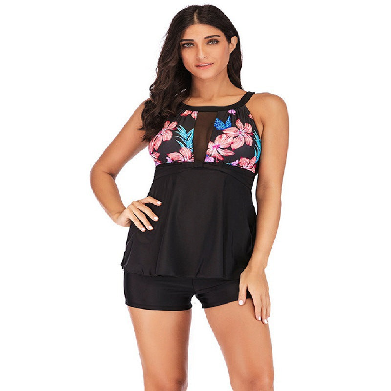 Women's Printed Mesh-Panel Flared Swim Top and Shorts 2 PC Tankini Set - KaleaBoutique.com